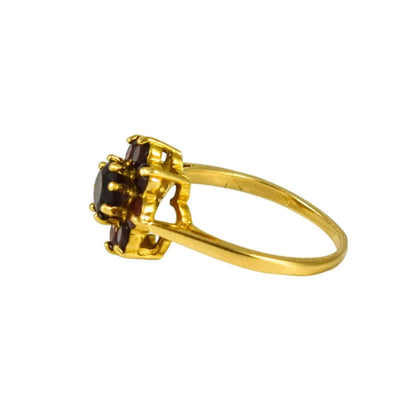 Vintage 9ct yellow gold, round-cut red garnet flower cluster dress ring, size O 1/2