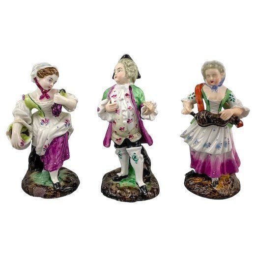 Victorian set of 3 German porcelain figurines – Regency dandy, fruit seller and musician