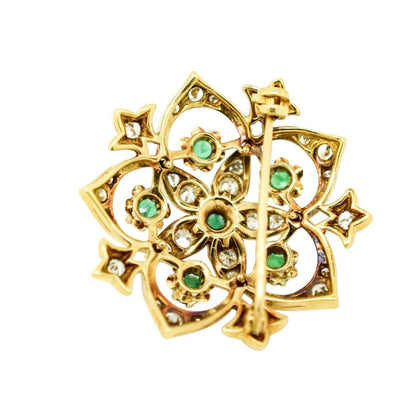 Vintage 18ct yellow gold emerald diamond openwork flower star statement brooch