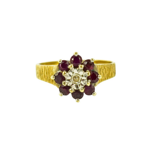 1970’s 9ct yellow gold ruby diamond floral cluster halo ring with textured shank, size M 1/2