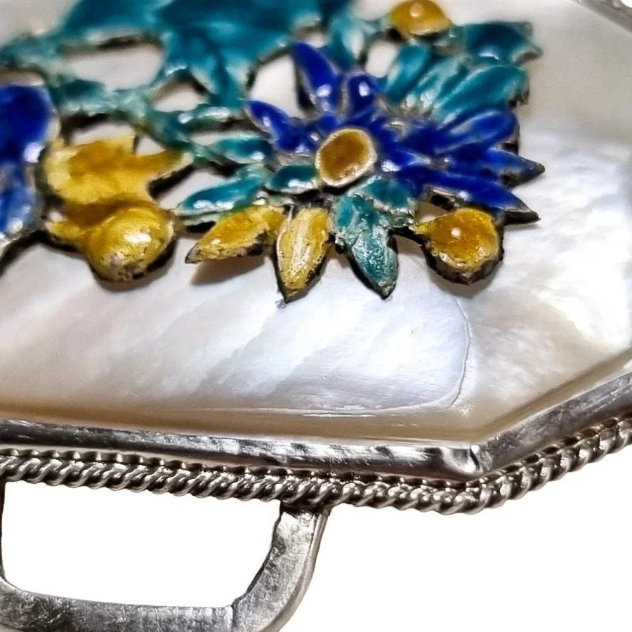 Antique Chinese export silver, enamel and mother-of-pearl large belt buckle, applied chrysanthemum flowers