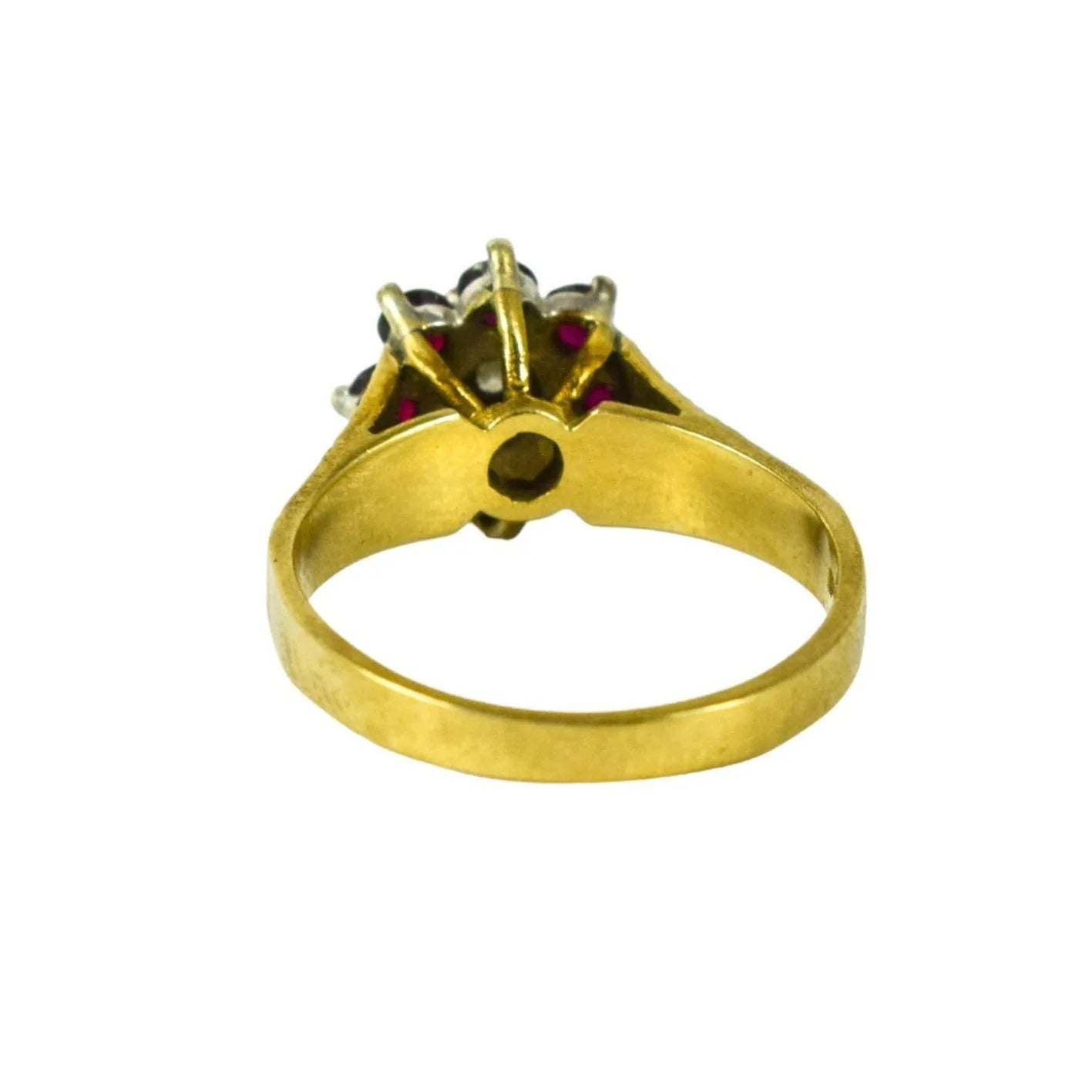 1970’s 9ct yellow gold ruby diamond floral cluster halo ring with textured shank, size M 1/2