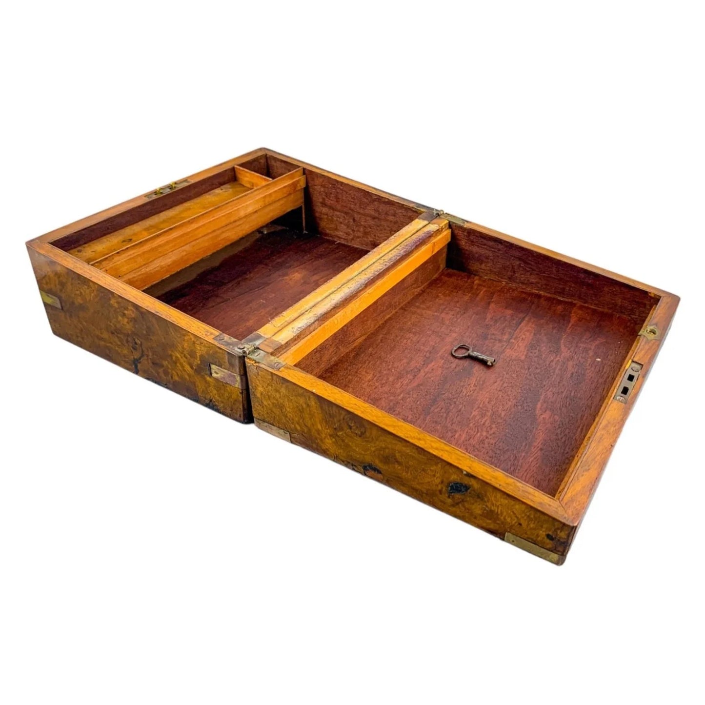 Victorian walnut military campaign writing slope with brass mounts and vacant shield, with key