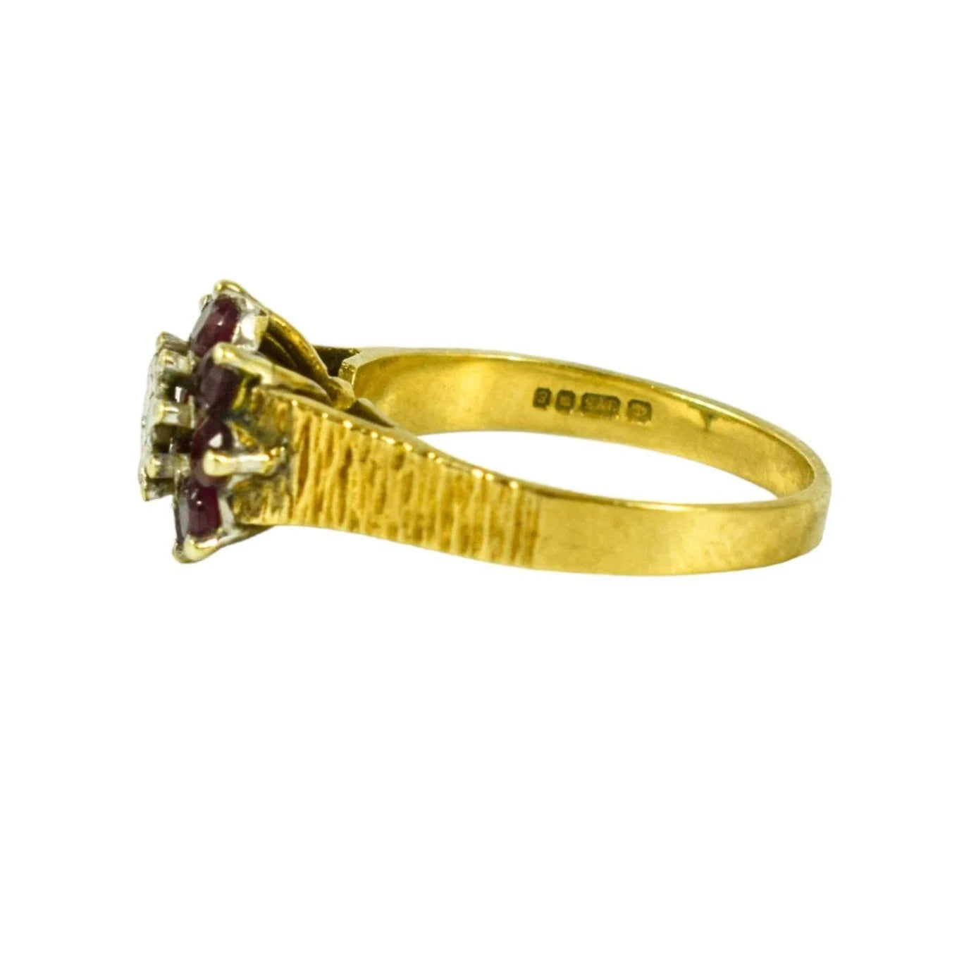 1970’s 9ct yellow gold ruby diamond floral cluster halo ring with textured shank, size M 1/2