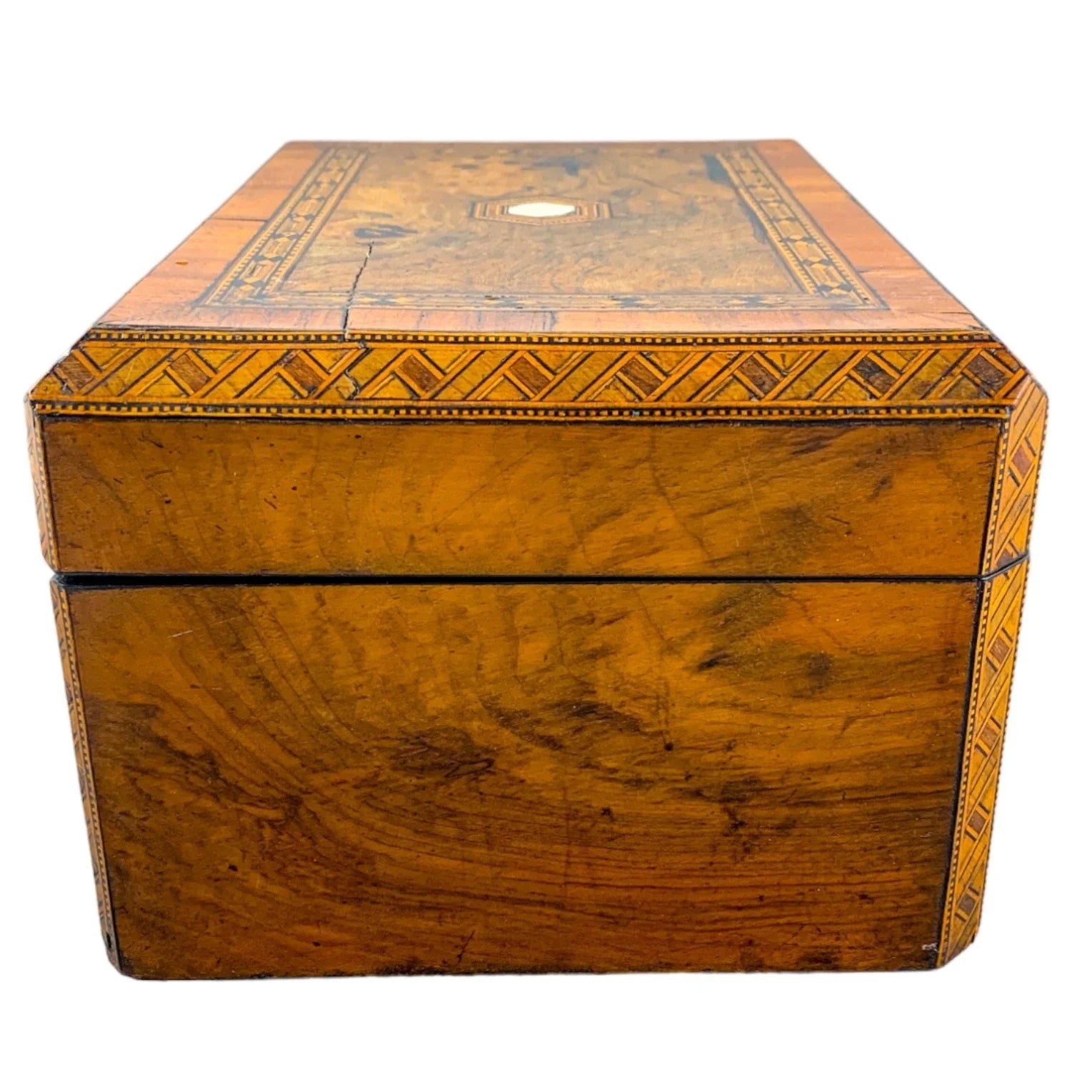 Victorian Tunbridge Ware bevelled casket jewellery box with geometric marquetry