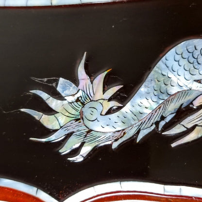 Huge vintage Asian lacquerware fluted tray inlaid with mother-of-pearl flowers, dragons, birds and butterflies