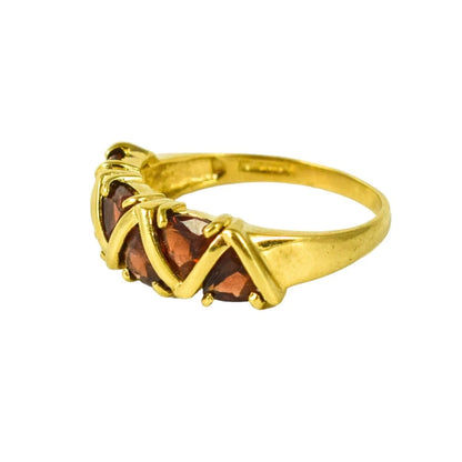Vintage 9ct yellow gold 6 stone geometric trilliant garnet band bar ring, size R 1/2