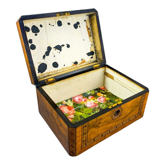 Victorian Tunbridge Ware bevelled casket jewellery box with geometric marquetry