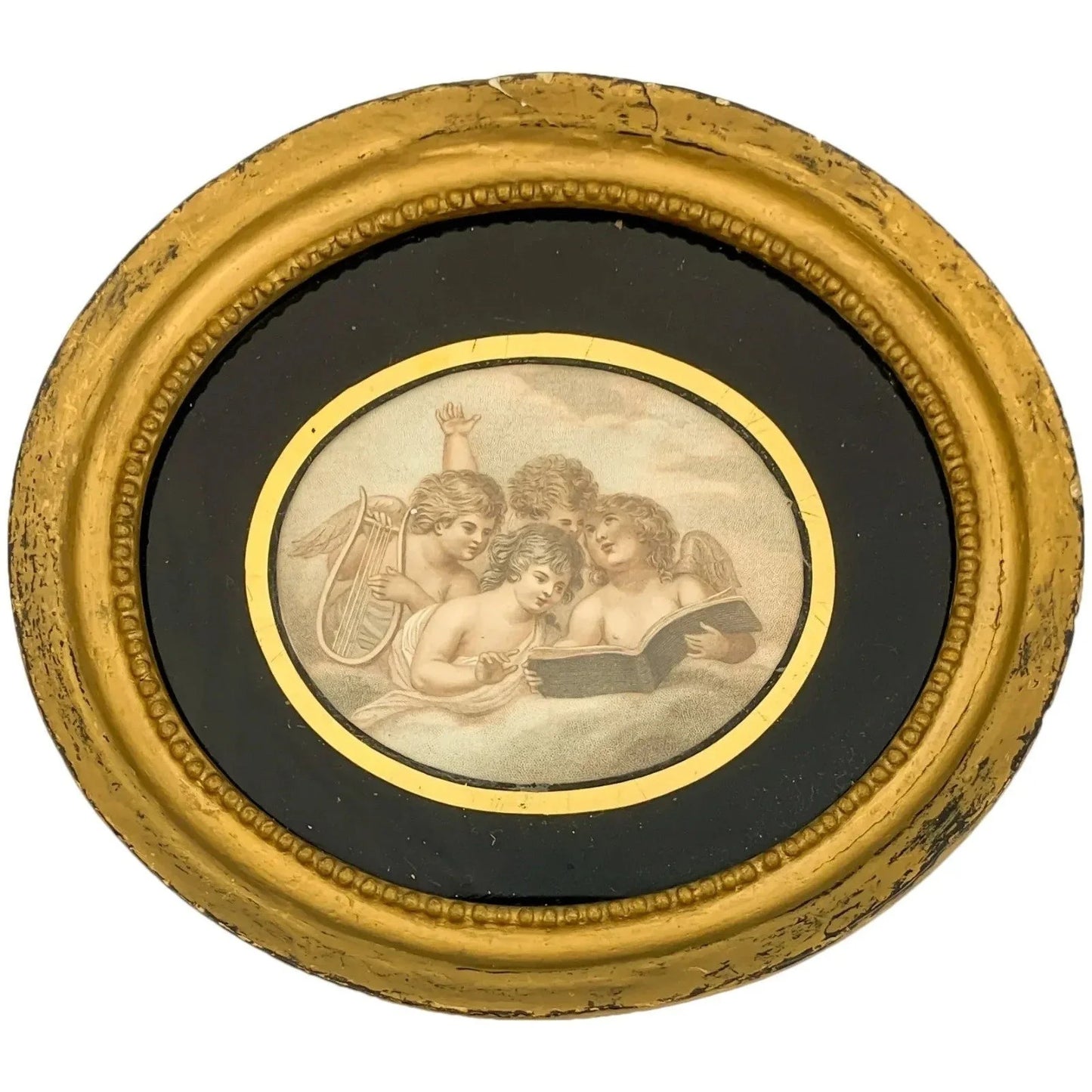 1850’s Victorian colour print of cherubs playing harp in an oval gilded plaster frame