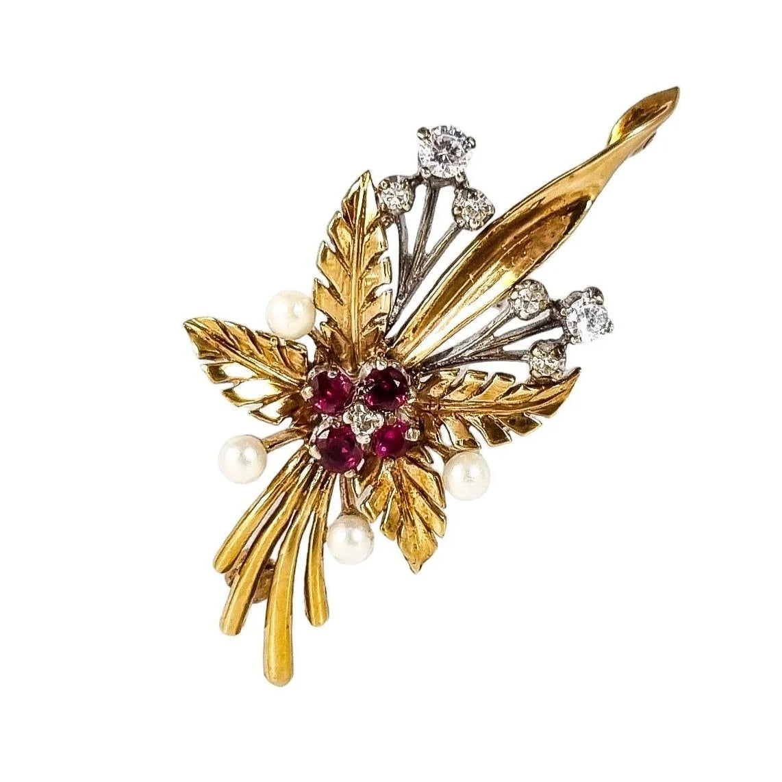 Vintage 1970’s 9ct yellow gold ruby, diamond, pearl floral leaf spray brooch