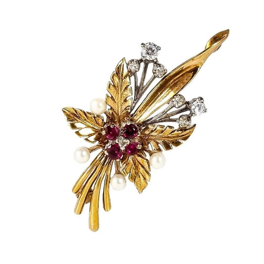 Vintage 1970’s 9ct yellow gold ruby, diamond, pearl floral leaf spray brooch