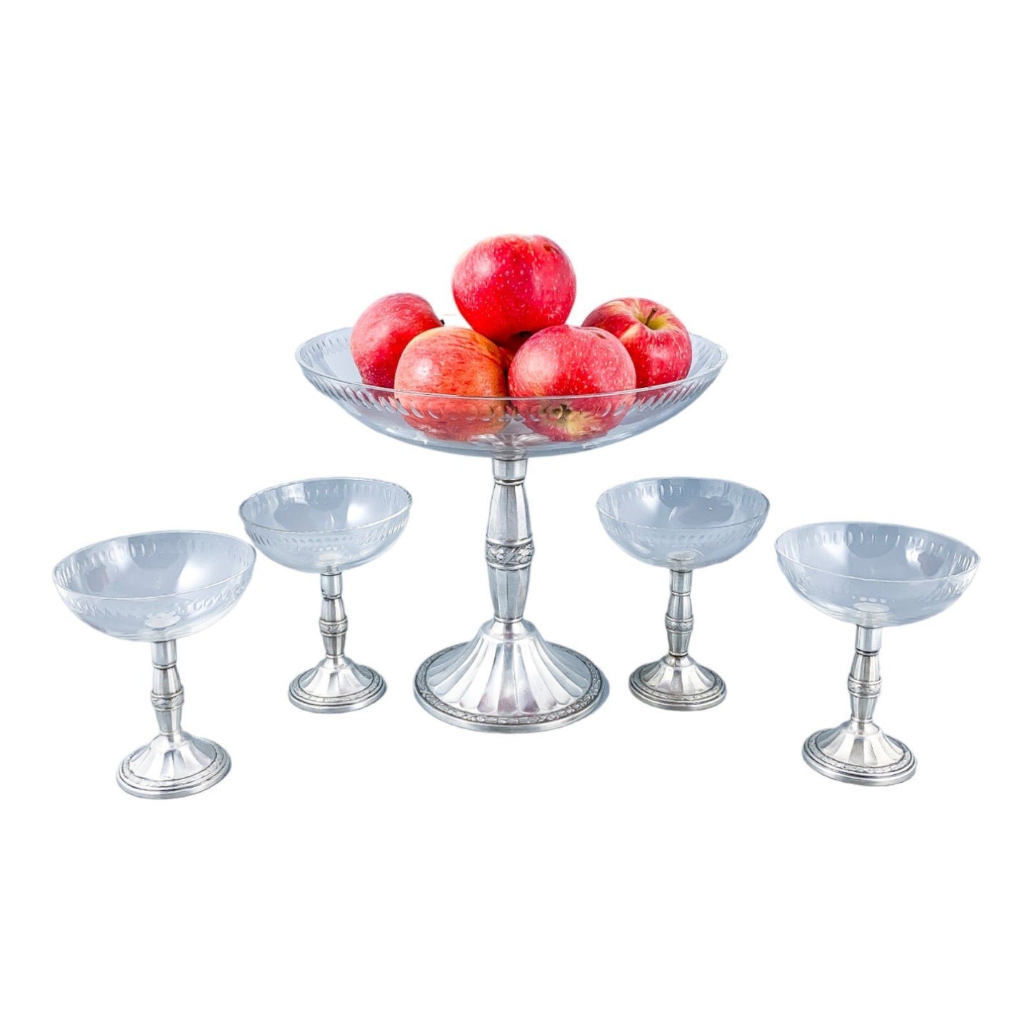 Jugendstil Art Nouveau WMF silver plated fruit set – cut-glass serving tazza and 4 dessert bowls
