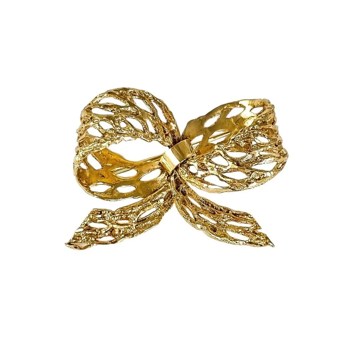 Vintage 9ct yellow gold bow ribbon statement brooch, pierced textured design