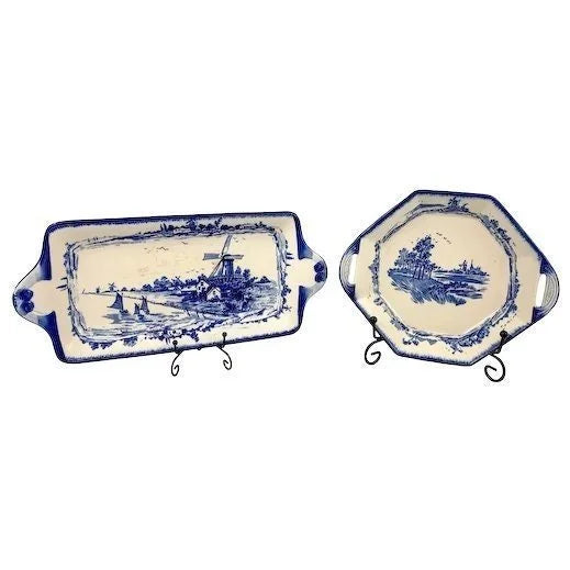 Pair of Royal Doulton serving platters, blue and white “Norfolk” windmill design, hexagonal dish