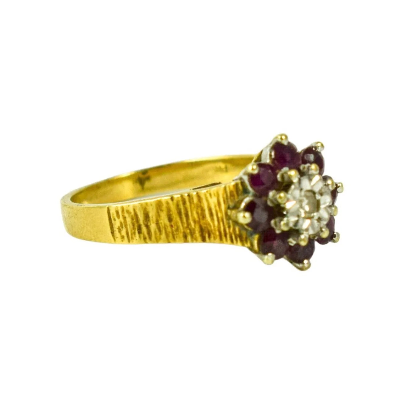1970’s 9ct yellow gold ruby diamond floral cluster halo ring with textured shank, size M 1/2