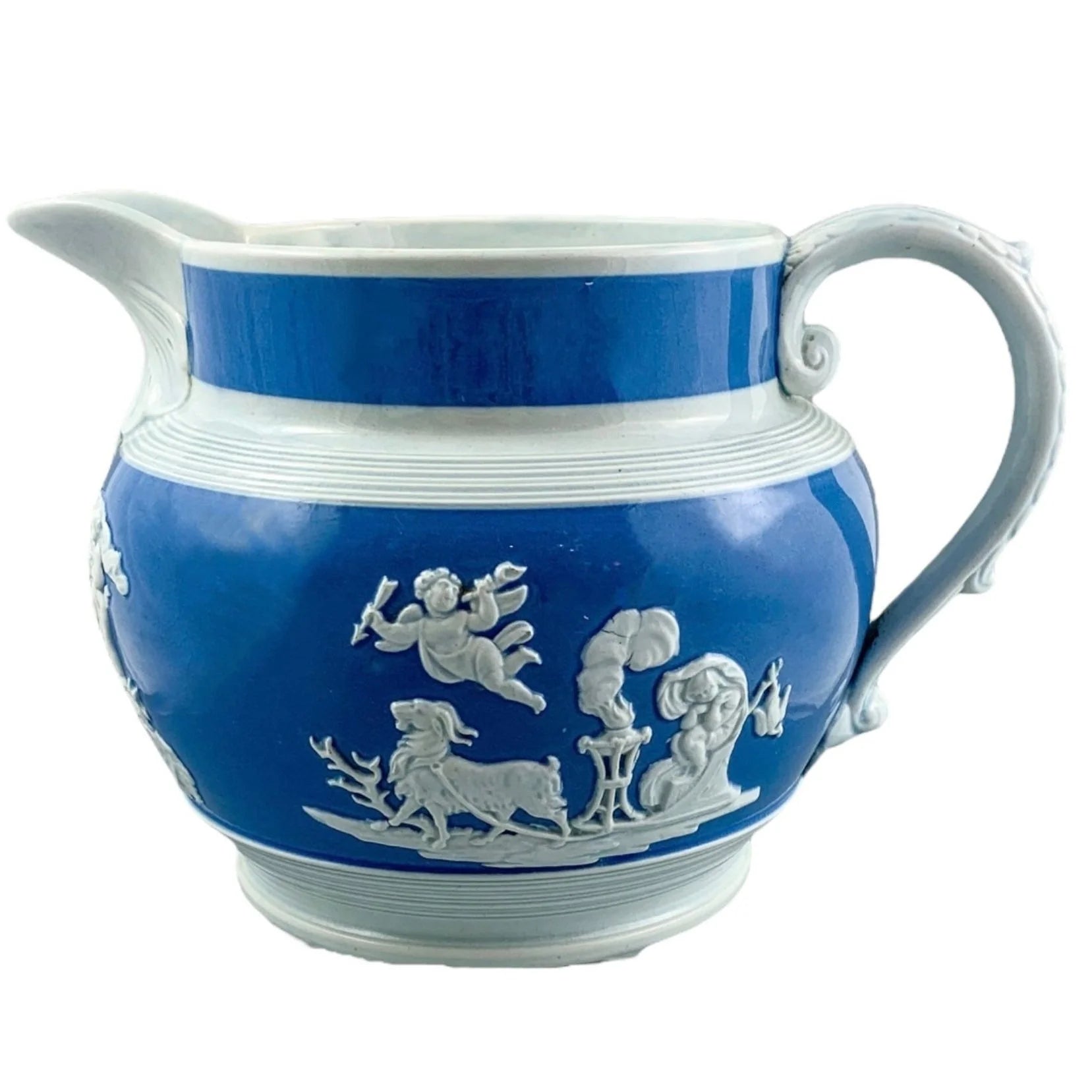 1810’s Chetham and Woolley Georgian blue jasperware cider jug featuring putti