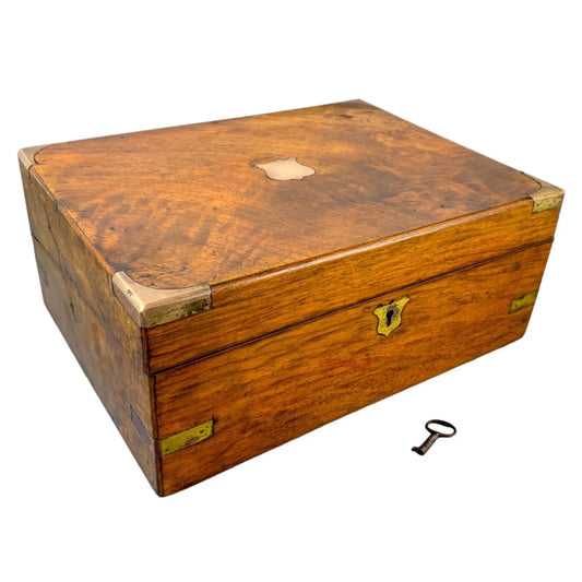 Victorian walnut military campaign writing slope with brass mounts and vacant shield, with key