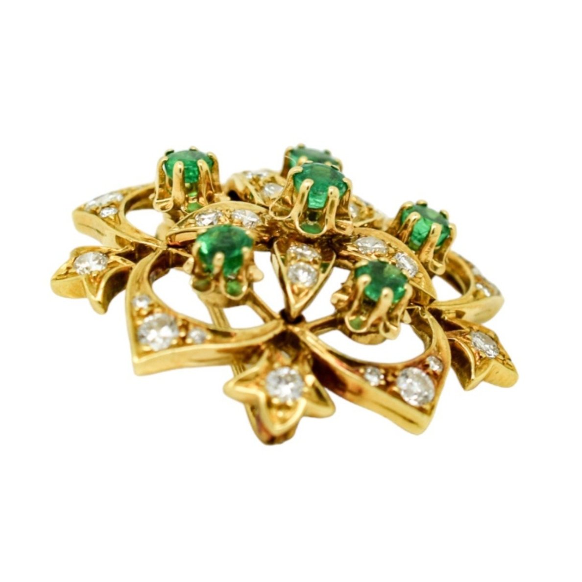 Vintage 18ct yellow gold emerald diamond openwork flower star statement brooch