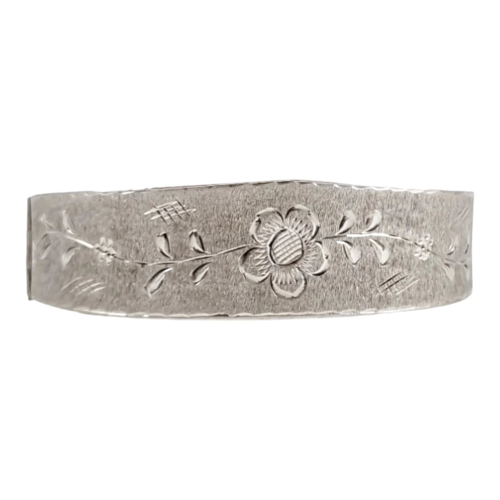 Vintage 70's sterling silver large bangle bracelet, bright-cut with flowers on brushed matte ground