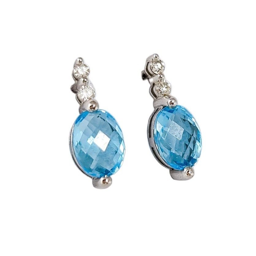 Vintage 9ct white gold diamond & aquamarine drop earrings, oval rose-cut 8 x 5 mm