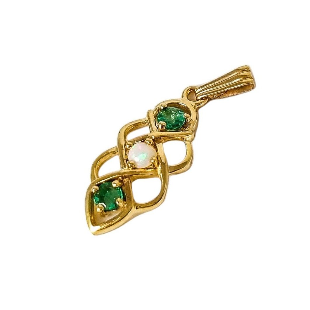 Vintage 9ct yellow gold 3 stone opal emerald twisted open pendant, Celtic knotwork