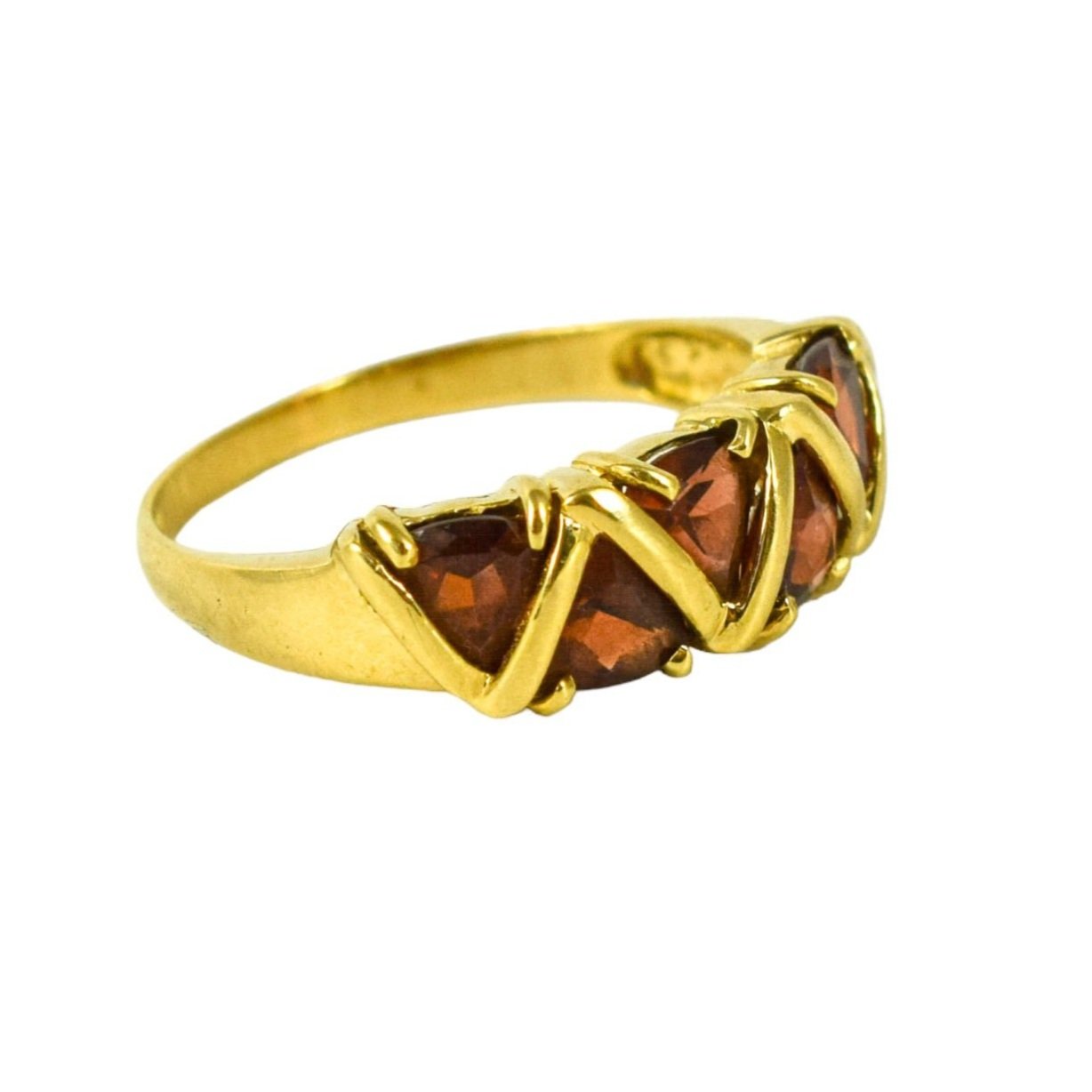 Vintage 9ct yellow gold 6 stone geometric trilliant garnet band bar ring, size R 1/2
