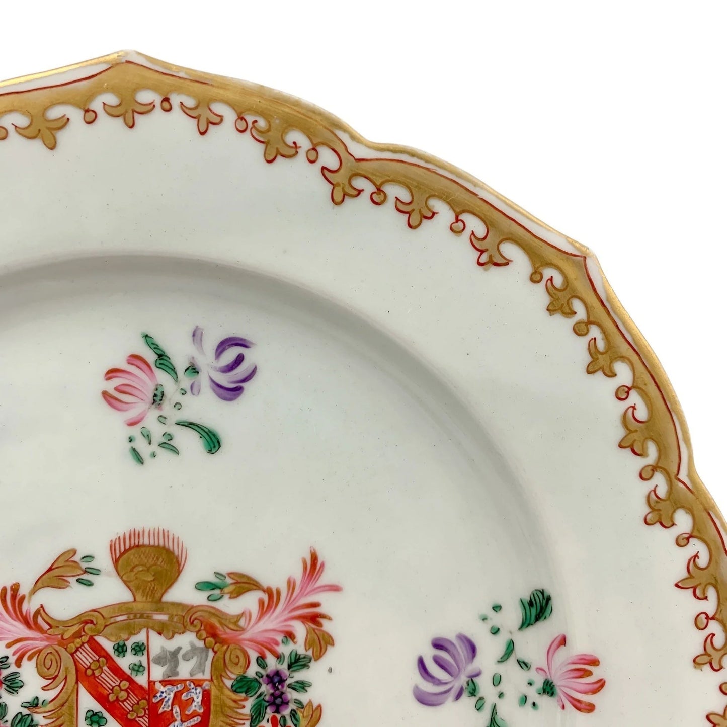 1750's porcelain Chinese export armorial plate with deer/dogs coat of arms
