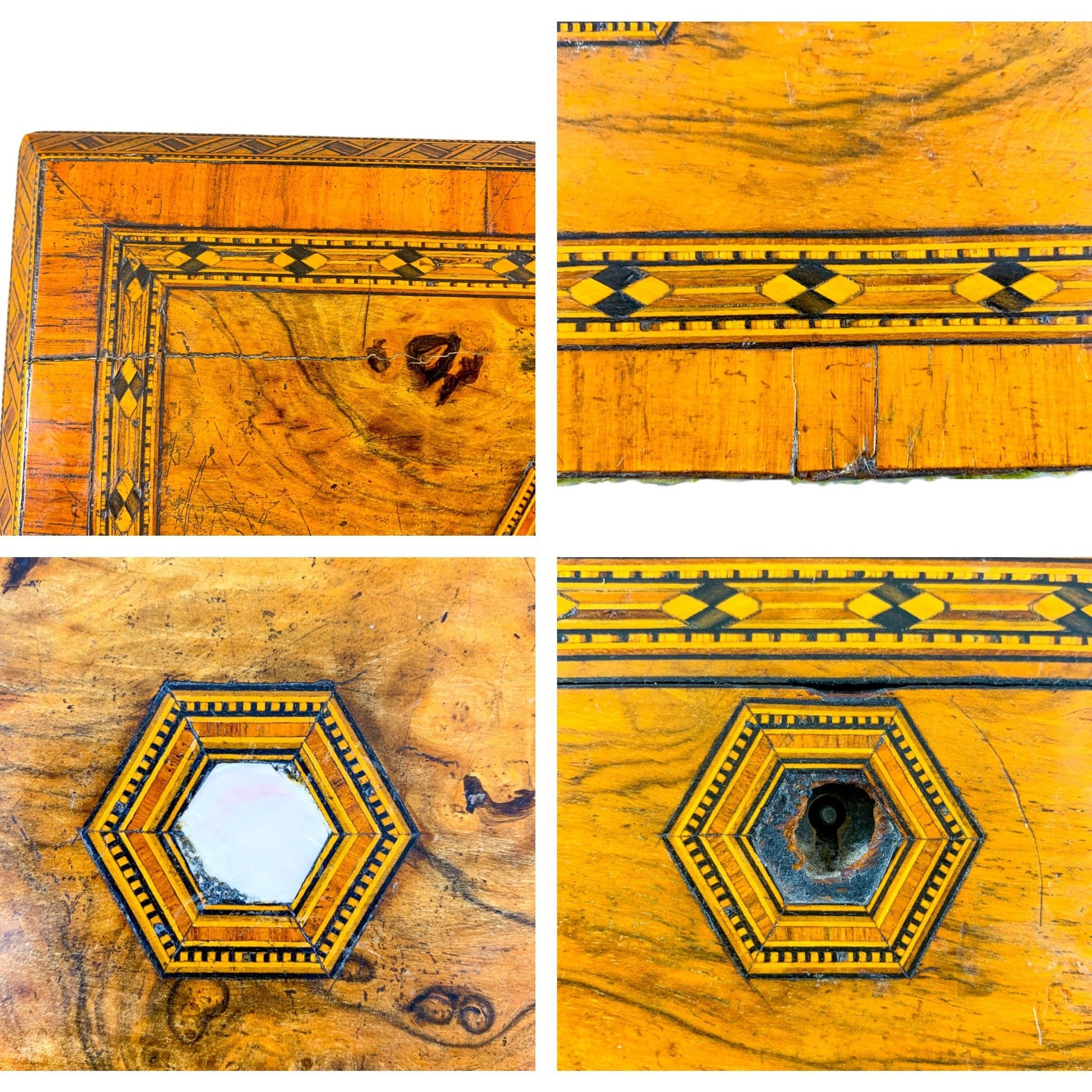 Victorian Tunbridge Ware bevelled casket jewellery box with geometric marquetry