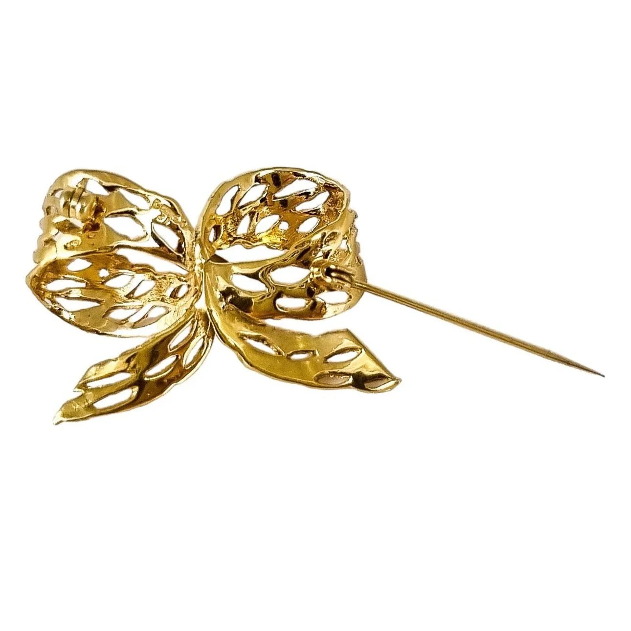 Vintage 9ct yellow gold bow ribbon statement brooch, pierced textured design