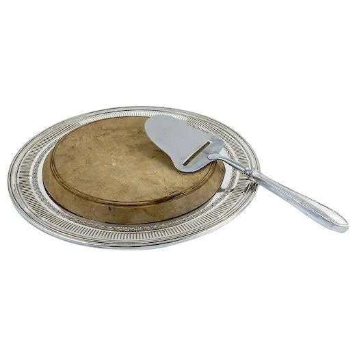 Victorian silver plated cheese board with original liner and carver spatula