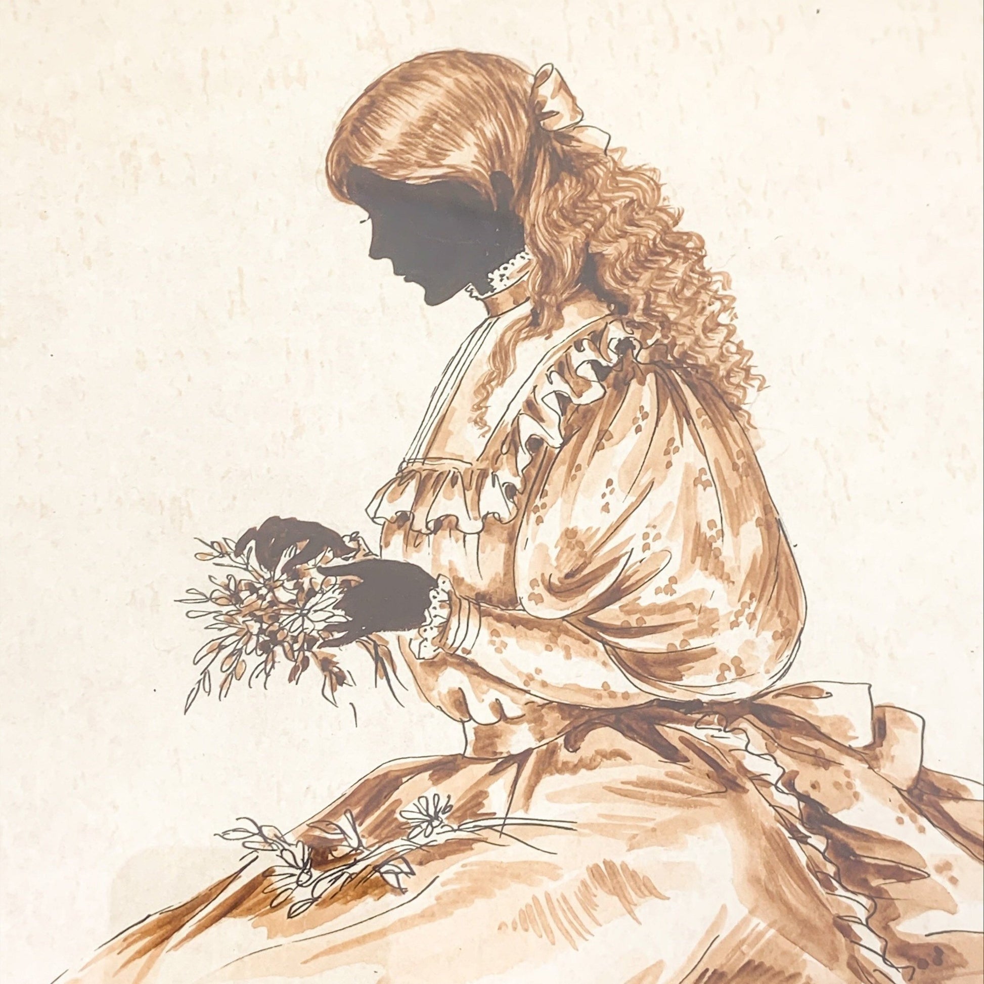 Large Christine Silver full silhouette oval portrait, glazed, mounted, sepia watercolour and pencil, signed