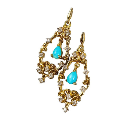 Sterling silver gold vermeil sleeping beauty turquoise chandelier earrings, openwork scroll design