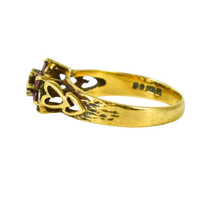 1970’s 9ct yellow gold ruby and diamond floral cluster halo ring with pierced heart shank, size O