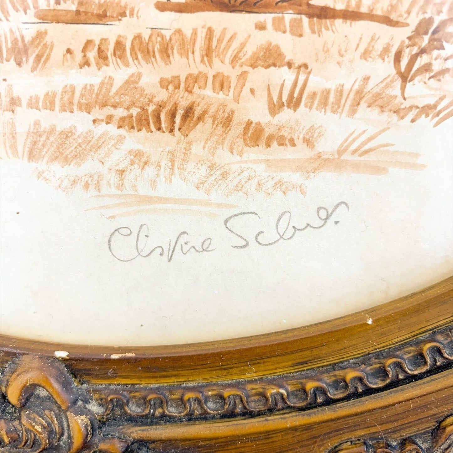 Large Christine Silver full silhouette oval portrait, glazed, mounted, sepia watercolour and pencil, signed