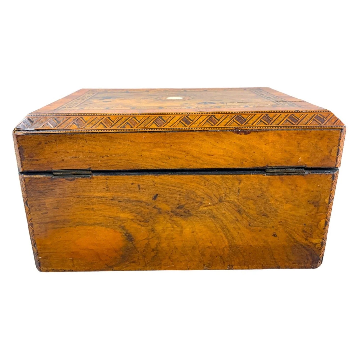 Victorian Tunbridge Ware bevelled casket jewellery box with geometric marquetry
