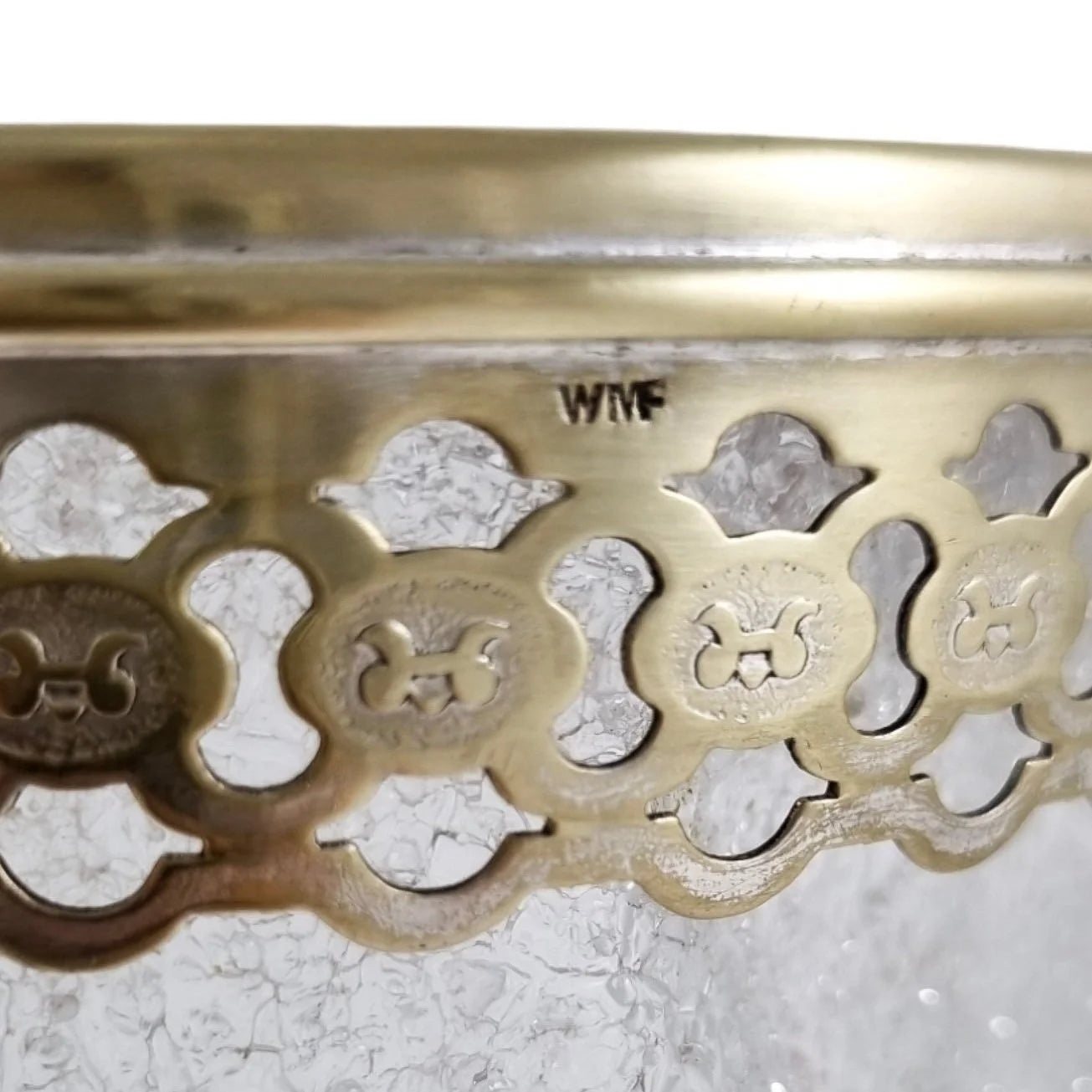 Victorian WMF swing handle ice bucket with frosted crackled glass, ice-cube shape, bird claw tongs