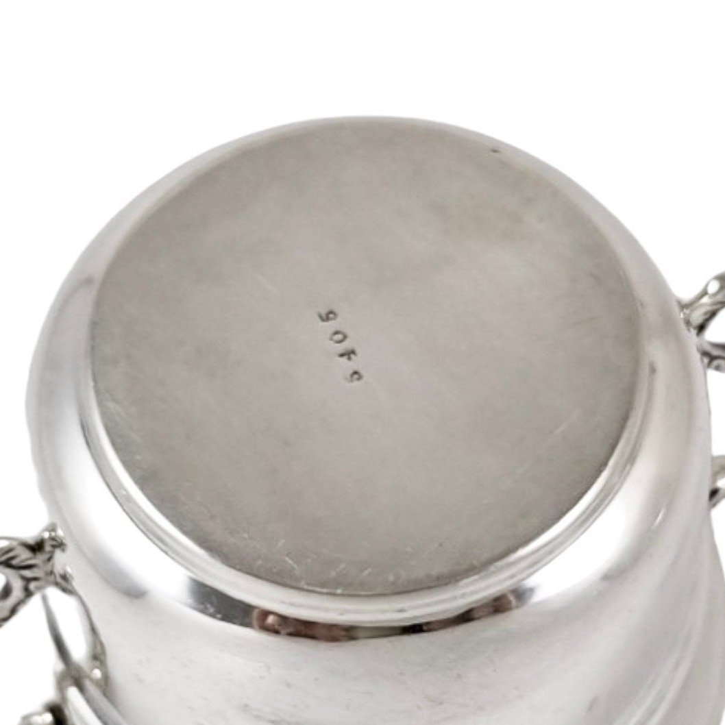 WWI-era sterling silver porringer bowl, snake serpent handles, Martin Hall & Co