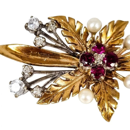 Vintage 1970’s 9ct yellow gold ruby, diamond, pearl floral leaf spray brooch