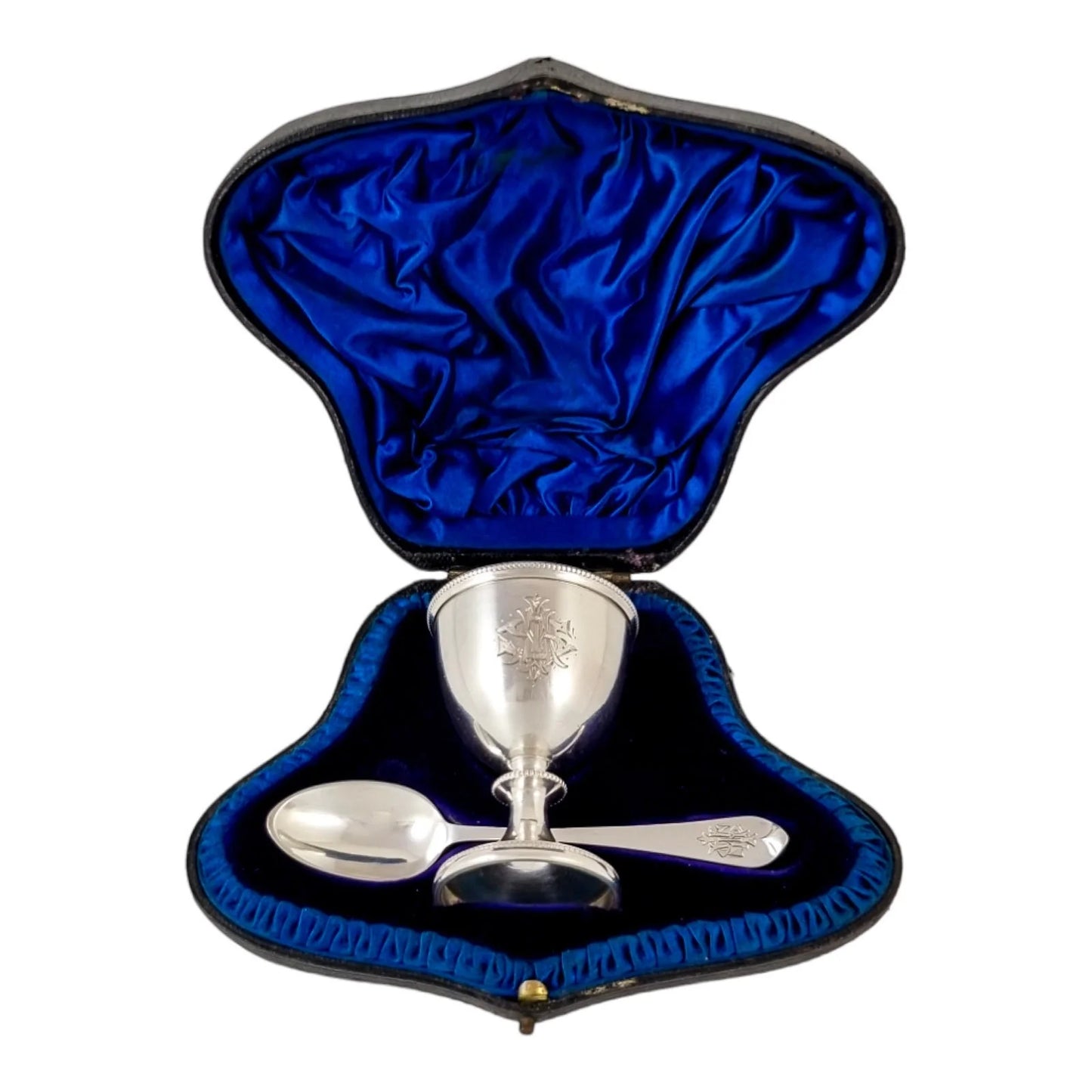 Victorian sterling silver Christening set, egg cup & spoon, fitted silk case, Charles Edward