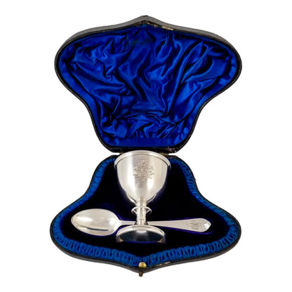 Victorian sterling silver Christening set, egg cup & spoon, fitted silk case, Charles Edward