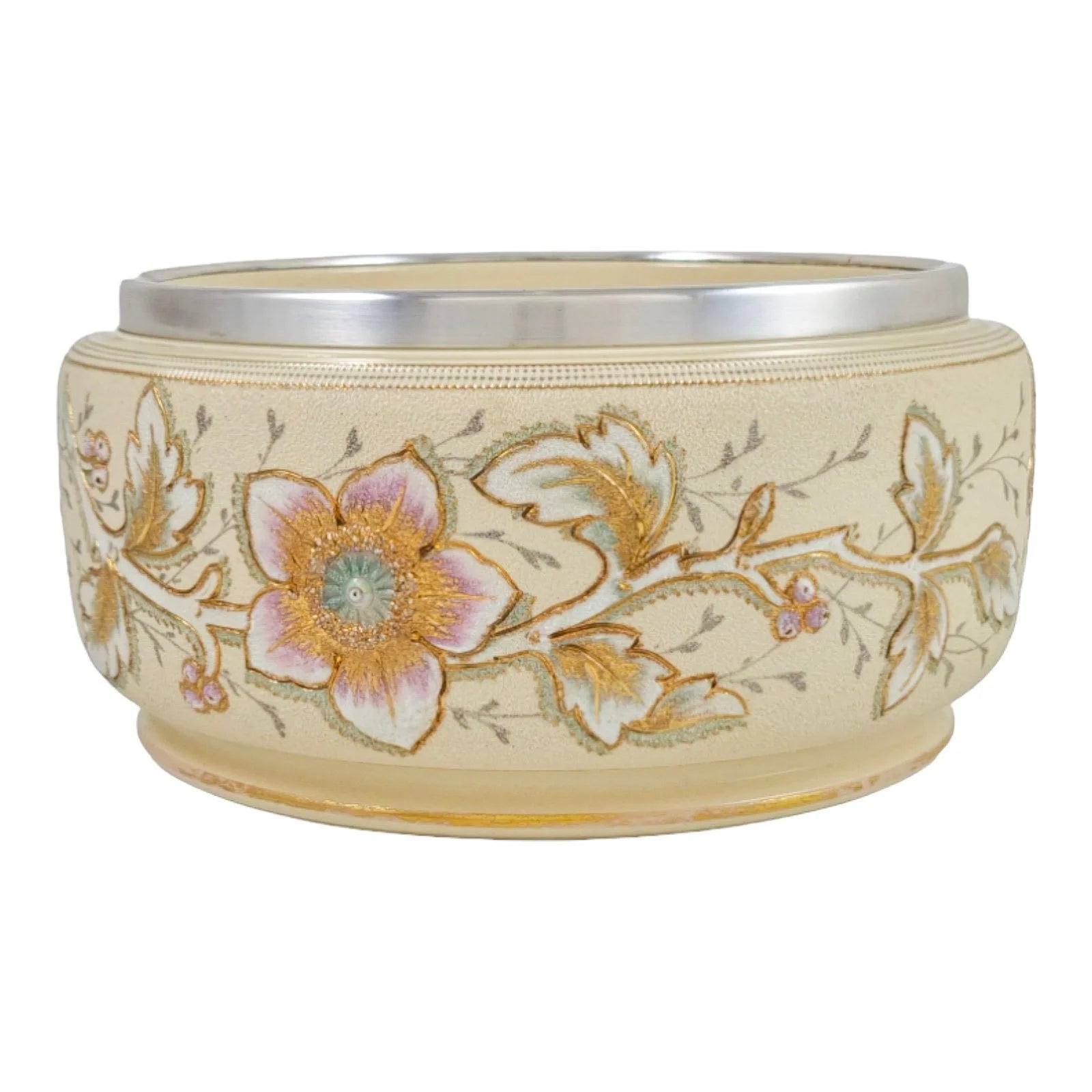 Victorian Taylor Tunnicliffe & Co pottery “Patent Brocade” Art Nouveau large floral fruit bowl with silver plated rim