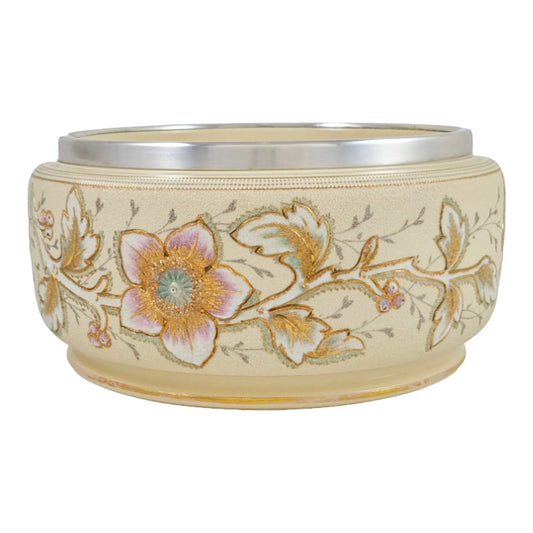 Victorian Taylor Tunnicliffe & Co pottery “Patent Brocade” Art Nouveau large floral fruit bowl with silver plated rim