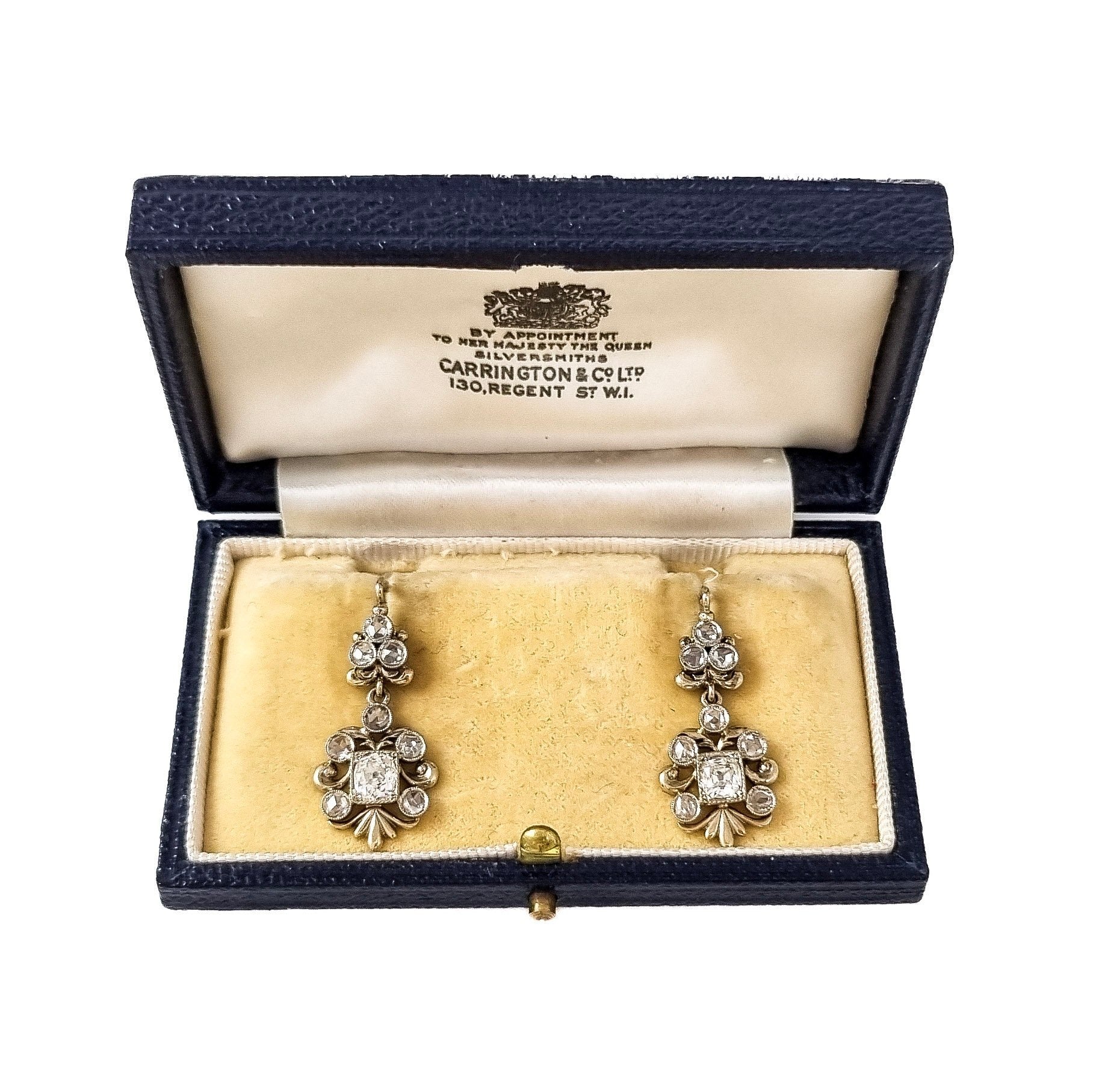 Boxed Edwardian 2.10 ct rose & old-cut diamond drop trefoil cluster earrings
