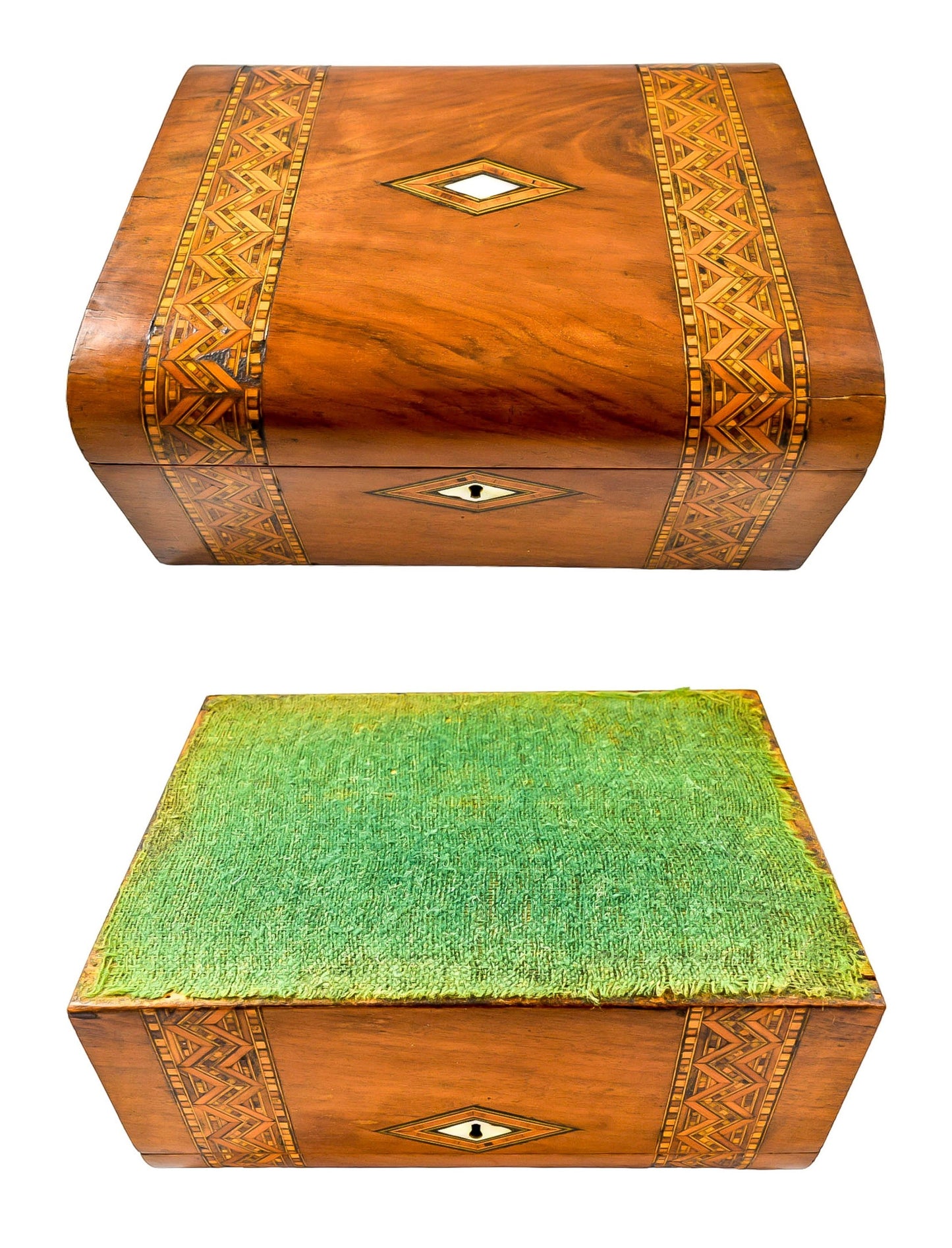 Georgian walnut Tunbridge Ware domed writing slope with mother-of-pearl cartouche and geometric marquetry