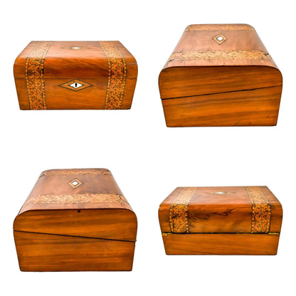 Georgian walnut Tunbridge Ware domed writing slope with mother-of-pearl cartouche and geometric marquetry