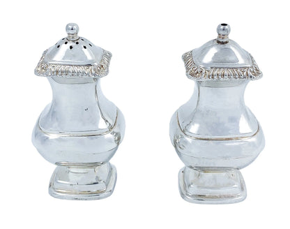 Vintage boxed Regency style four piece cruet set: mustard pot and spoon, salt and pepper shakers