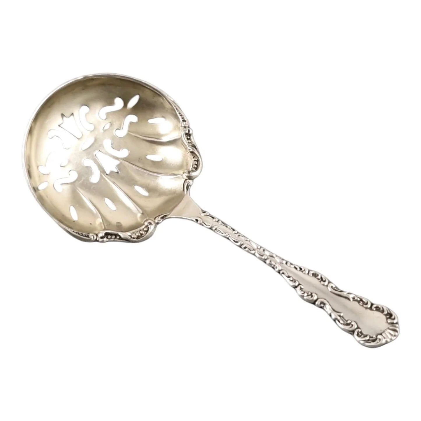 Sterling silver gilded sugar sifter / bonbon / nut candy spoon embossed with scrolls
