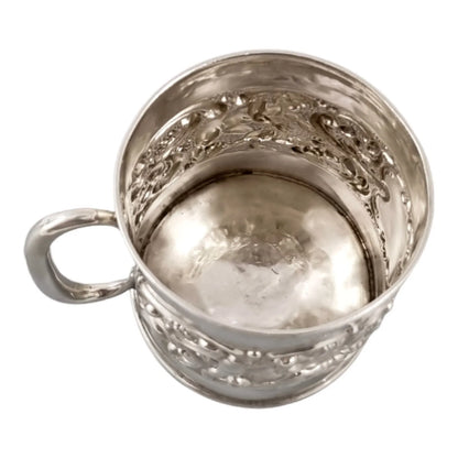 Edwardian sterling silver Christening cup embossed cherubs, rabbits and scrolling foliage, Crisford & Norris