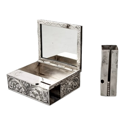 Art Deco Italian silver compact case with mirror & lipstick, Nardi Liberto, engraved scrolls