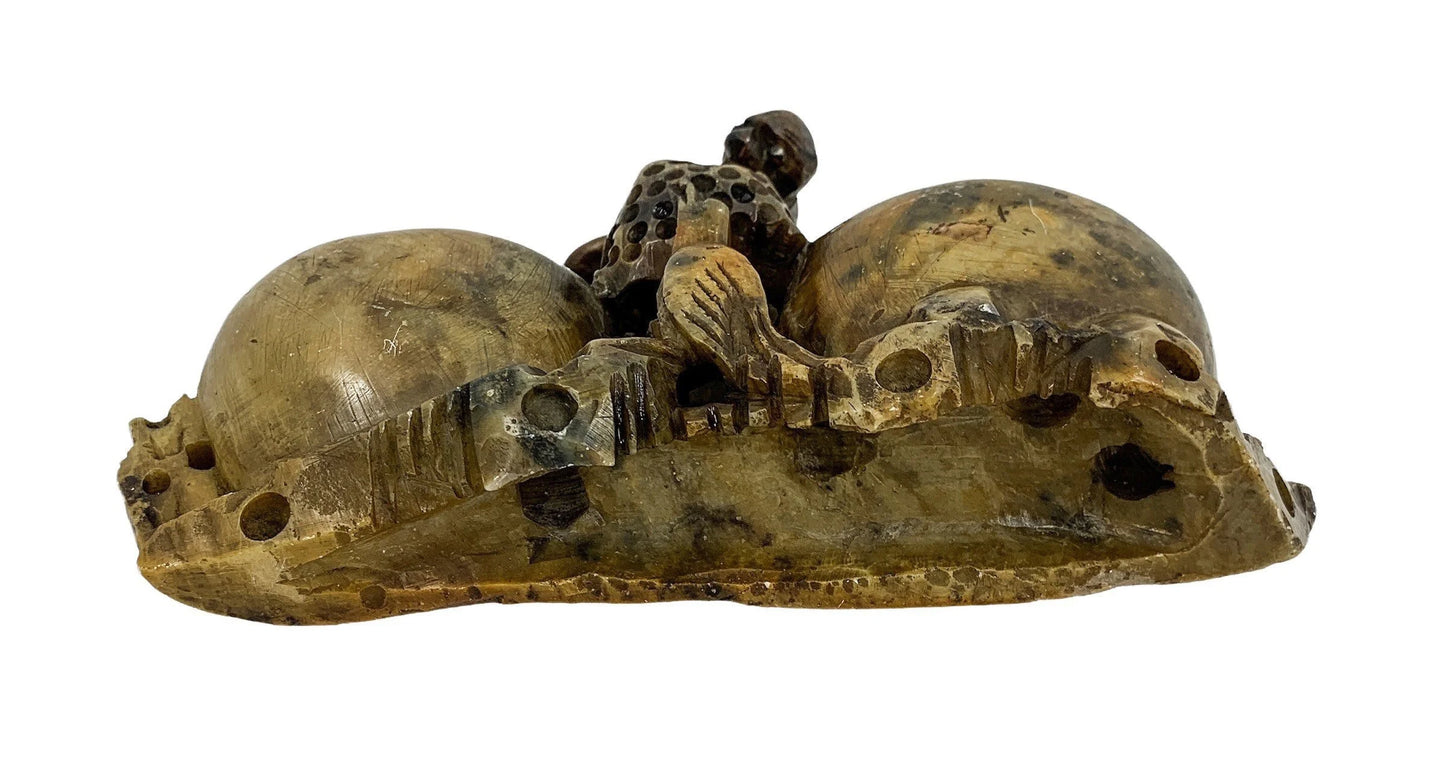 Chinese Republic yellow black soapstone calligraphy double brush pot with monkey and bird